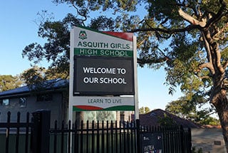 Custom designed range of identity signage. Unique and one of a kind, helping Asquith Girls High School to stand out. Extensive range of branded signage indicating where all landmarks are. 